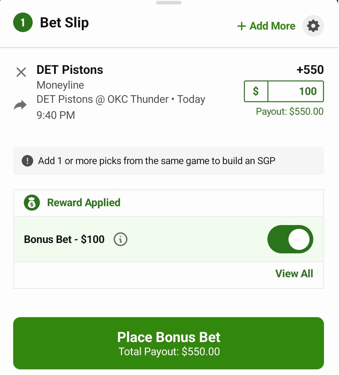 Bonus bet example showing bet placement