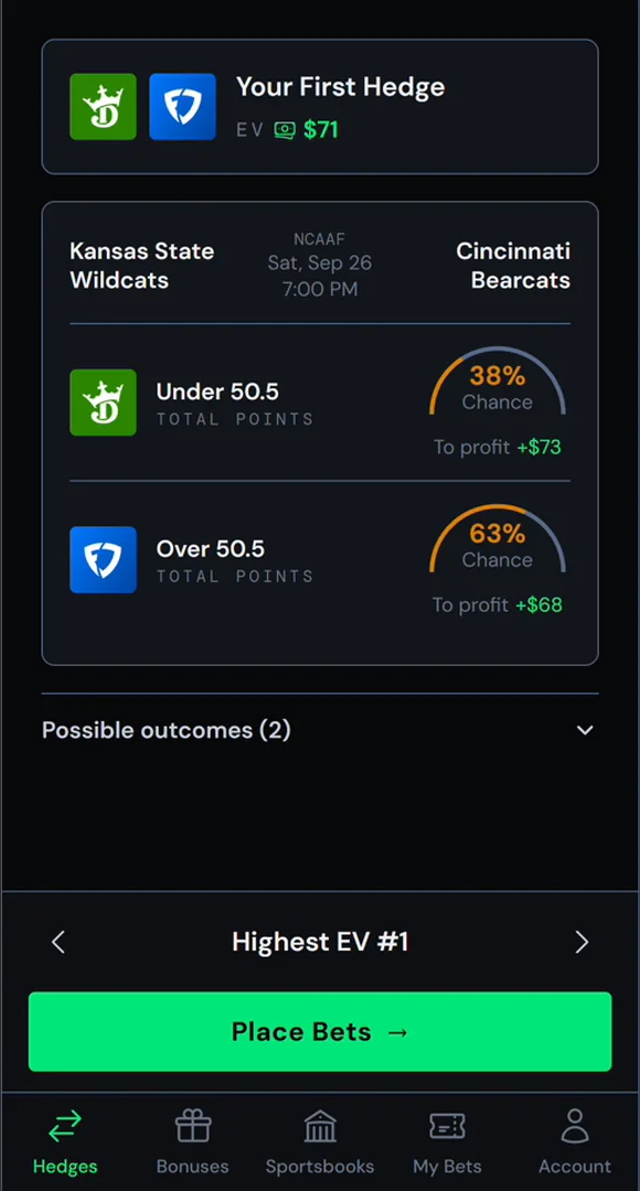 A hedge set in the Ungambled app: expected value, the two legs, percent chance and profit for each