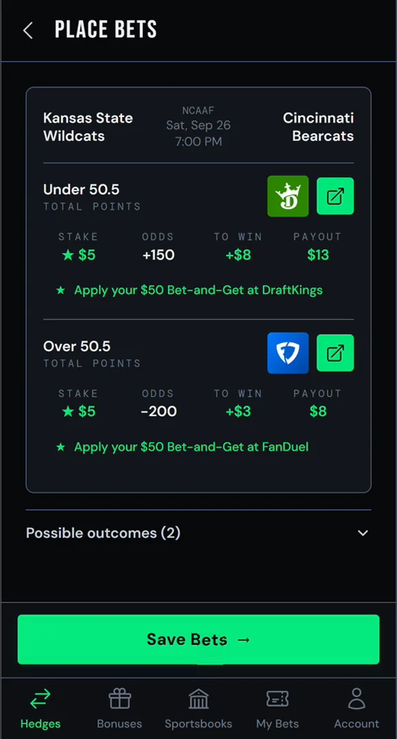 The Place Bets screen in the Ungambled app: stake, odds, to win and payout for each leg